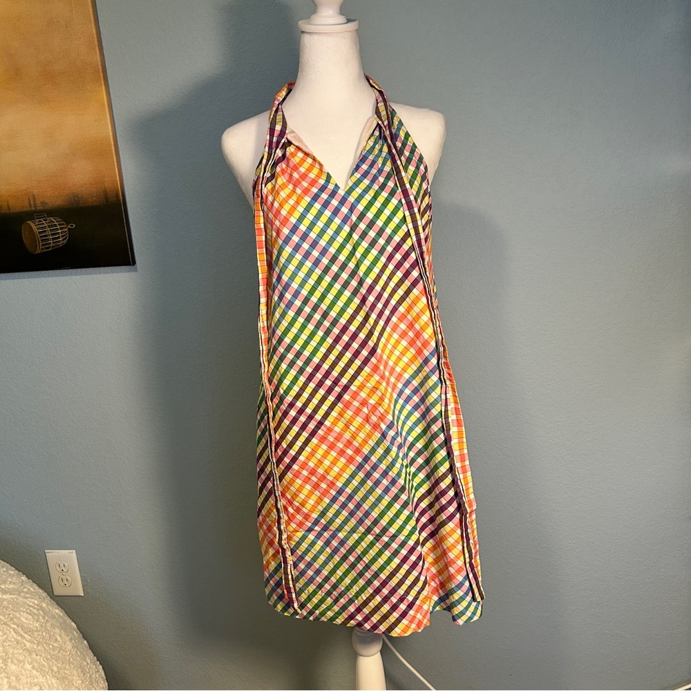 J. Crew Tie-neck Dress in Rainbow Gingham Retro Sz S